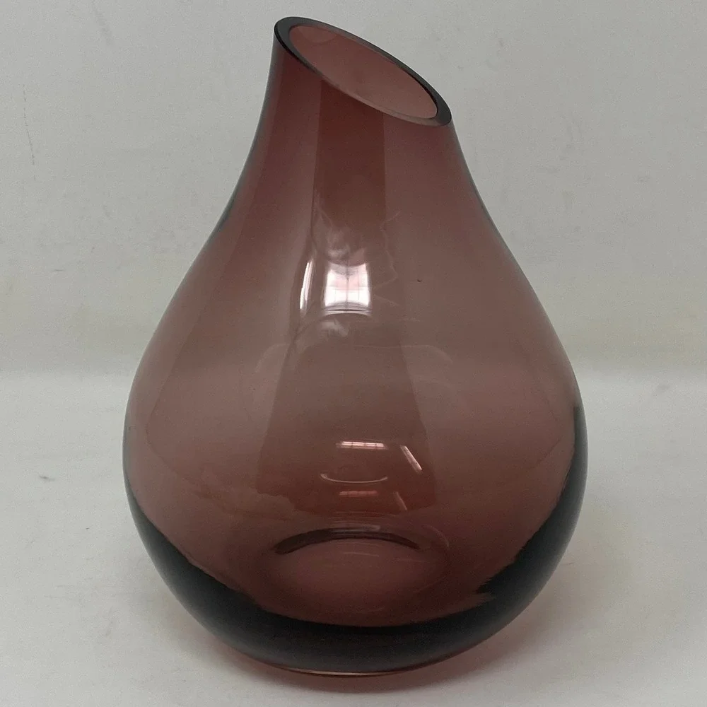 Hand Blown Art Glass Vase 7in Amethyst Purple Teardrop Slanted Rim Weighted Base